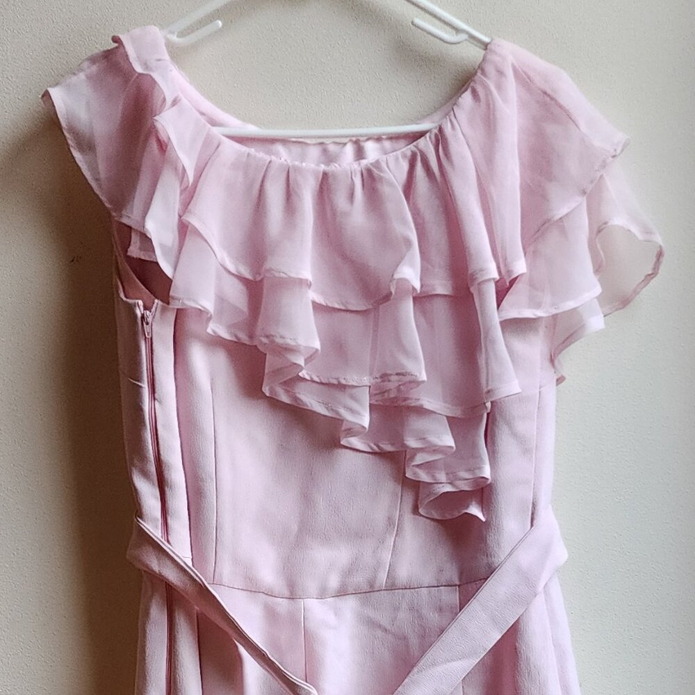 Pink Ruffled Sleeveless Belted Dress Size 14 - Picture 7 of 15